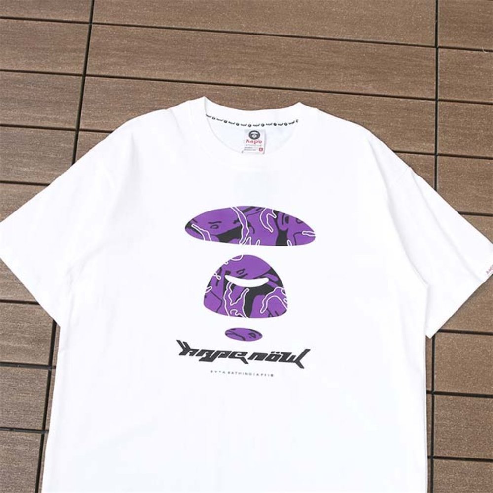 AAPE Purple Ape Head Lettering Logo T-Shirt - White Short Sleeve - Picture 2 of 6